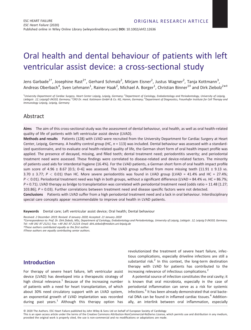 PDF) Oral health dental behaviour of patients with left ventricular assist device: a cross‐sectional study
