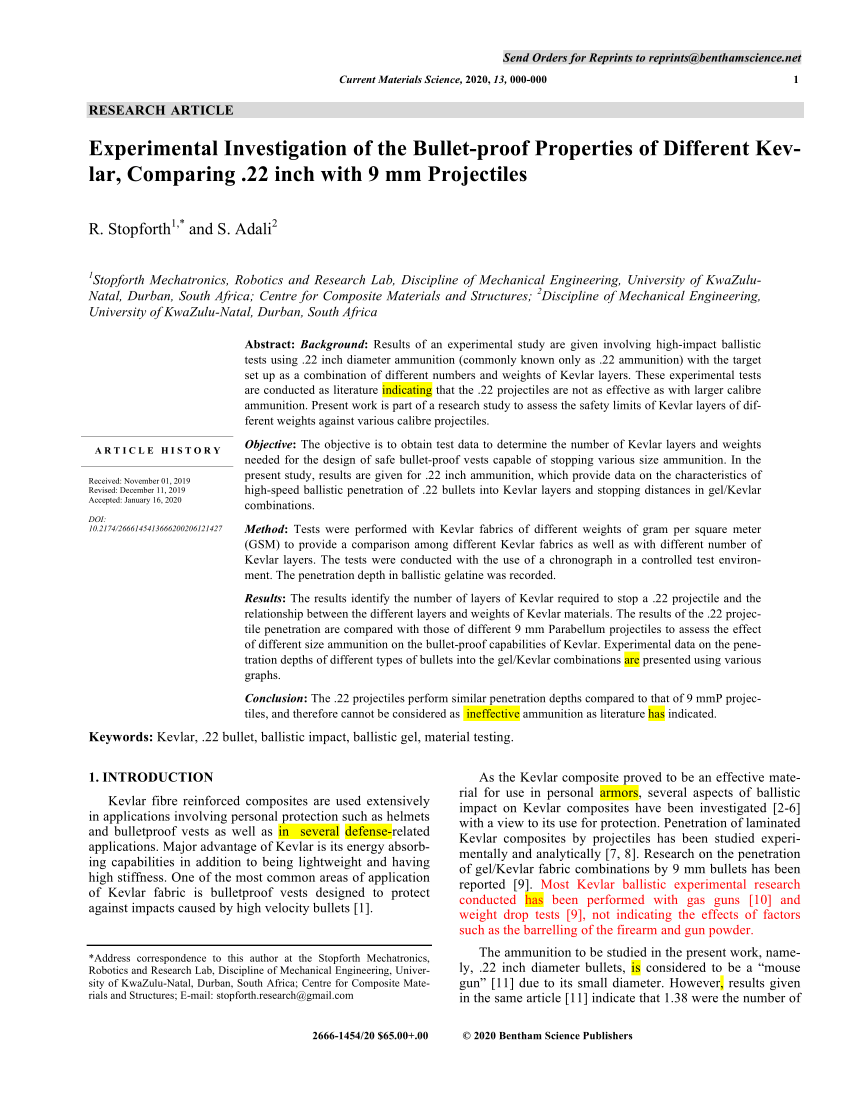 PDF) Experimental Investigation of the Bullet-proof Properties of Different  Kevlar, Comparing .22 Inch with 9 mm Projectiles