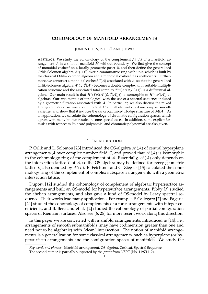 (PDF) Cohomology of manifold arrangements