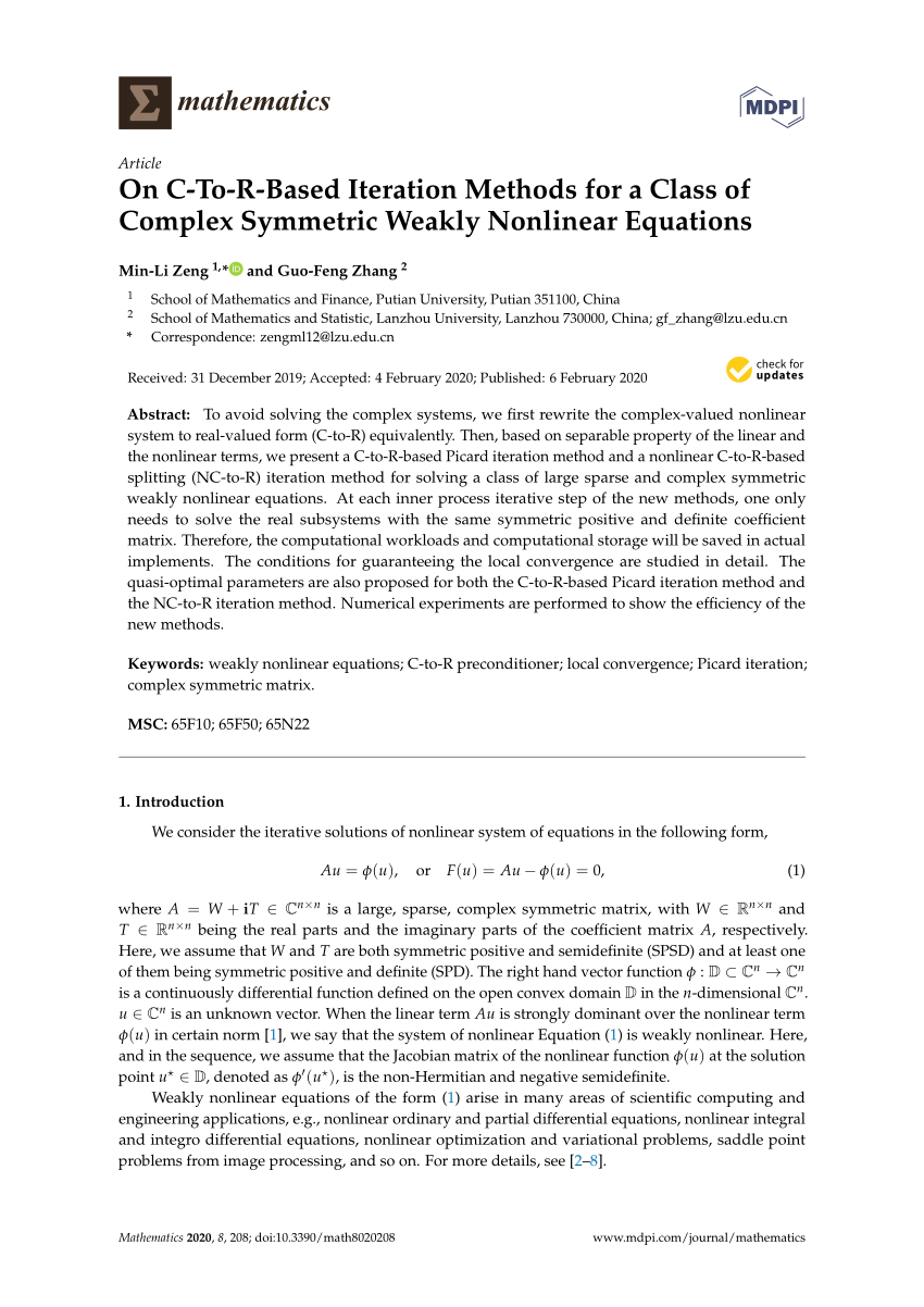 Pdf On C To R Based Iteration Methods For A Class Of Complex Symmetric Weakly Nonlinear Equations