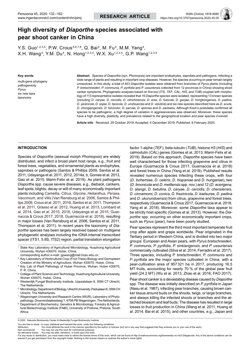 Pdf High Diversity Of Diaporthe Species Associated With Pear Shoot Canker In China