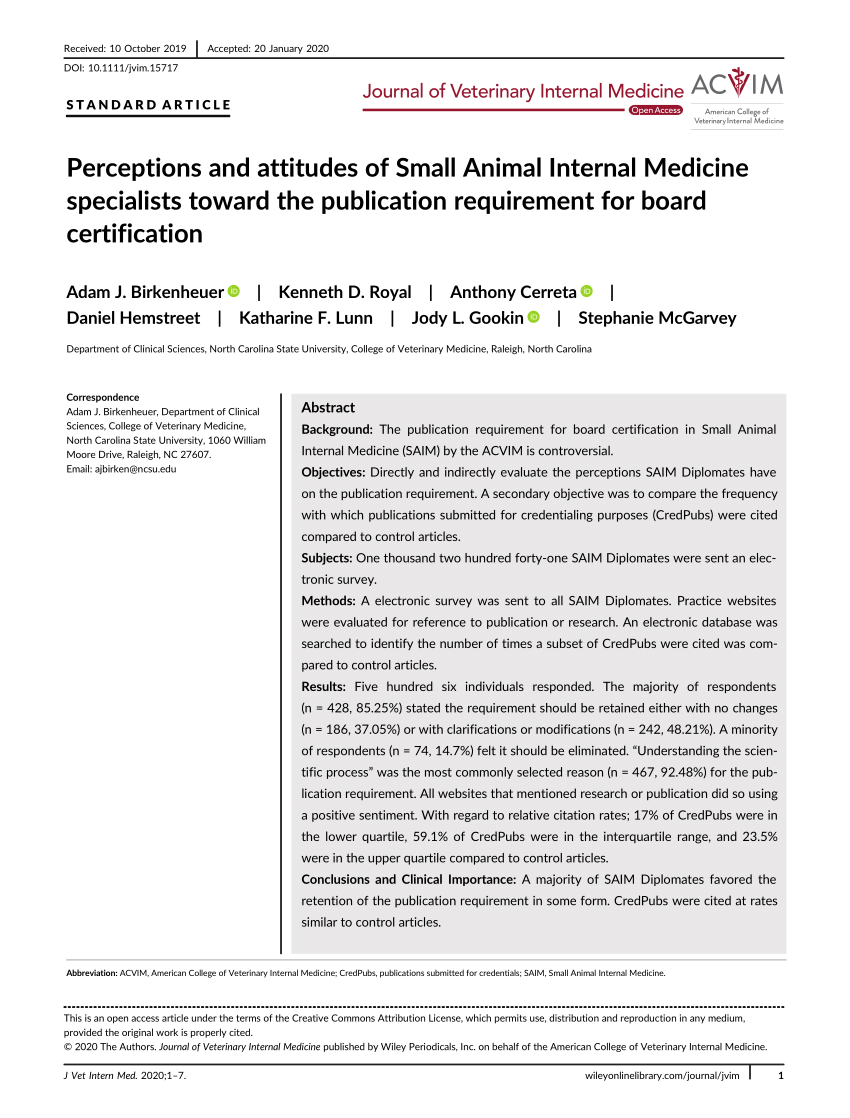 PDF) Perceptions and attitudes of Small Animal Internal Medicine  specialists toward the publication requirement for board certification
