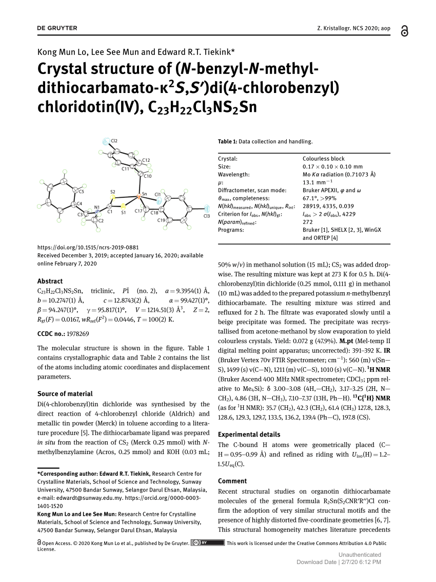 Pdf Crystal Structure Of N Benzyl N Methyl Dithiocarbamato K2s S Di 4 Chlorobenzyl Chloridotin Iv C23h22cl3ns2sn