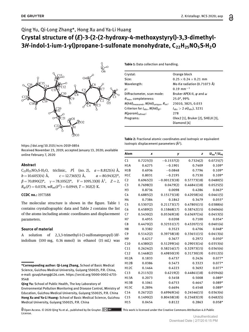 Pdf Crystal Structure Of E 3 2 2 Hydroxy 4 Methoxystyryl 3 3 Dimethyl 3h Indol 1 Ium 1 Yl Propane 1 Sulfonate Monohydrate C22h25no5s H2o