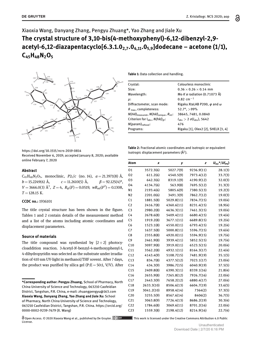 Pdf The Crystal Structure Of 3 10 Bis 4 Methoxyphenyl 6 12 Dibenzyl 2 9 Acetyl 6 12 Diazapentacyclo 6 3 1 02 7 04 11 05 9 Dodecane Acetone 1 1 C45h48n2o5