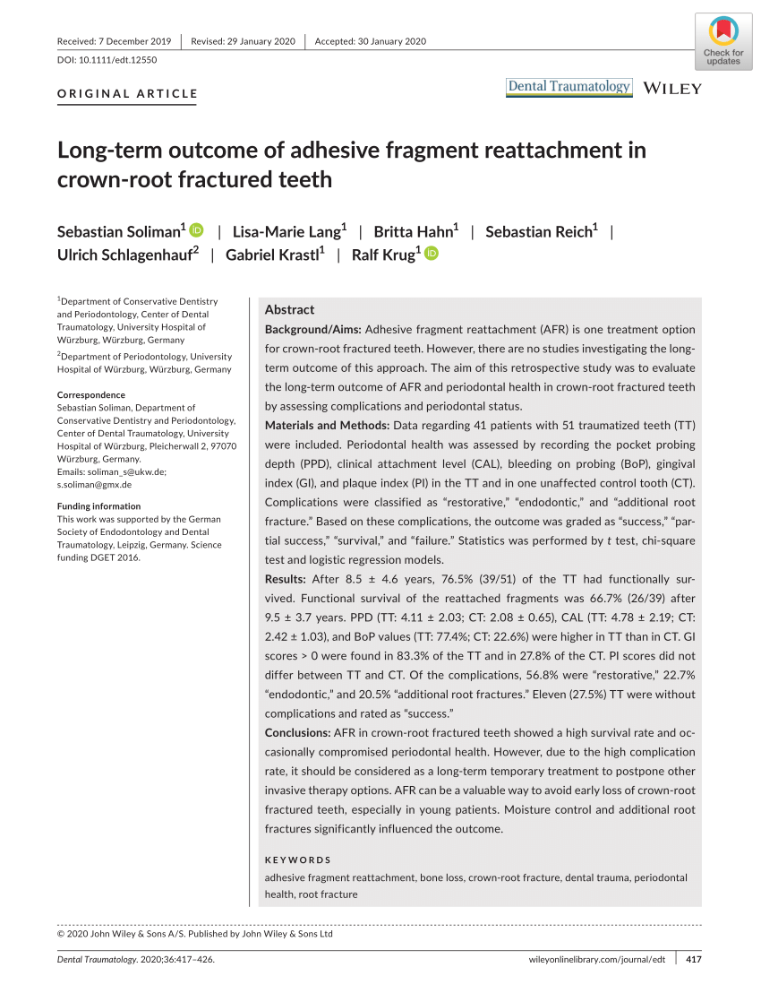 PDF) Long‐term Outcome of Adhesive Fragment Reattachment in Crown‐Root  Fractured Teeth
