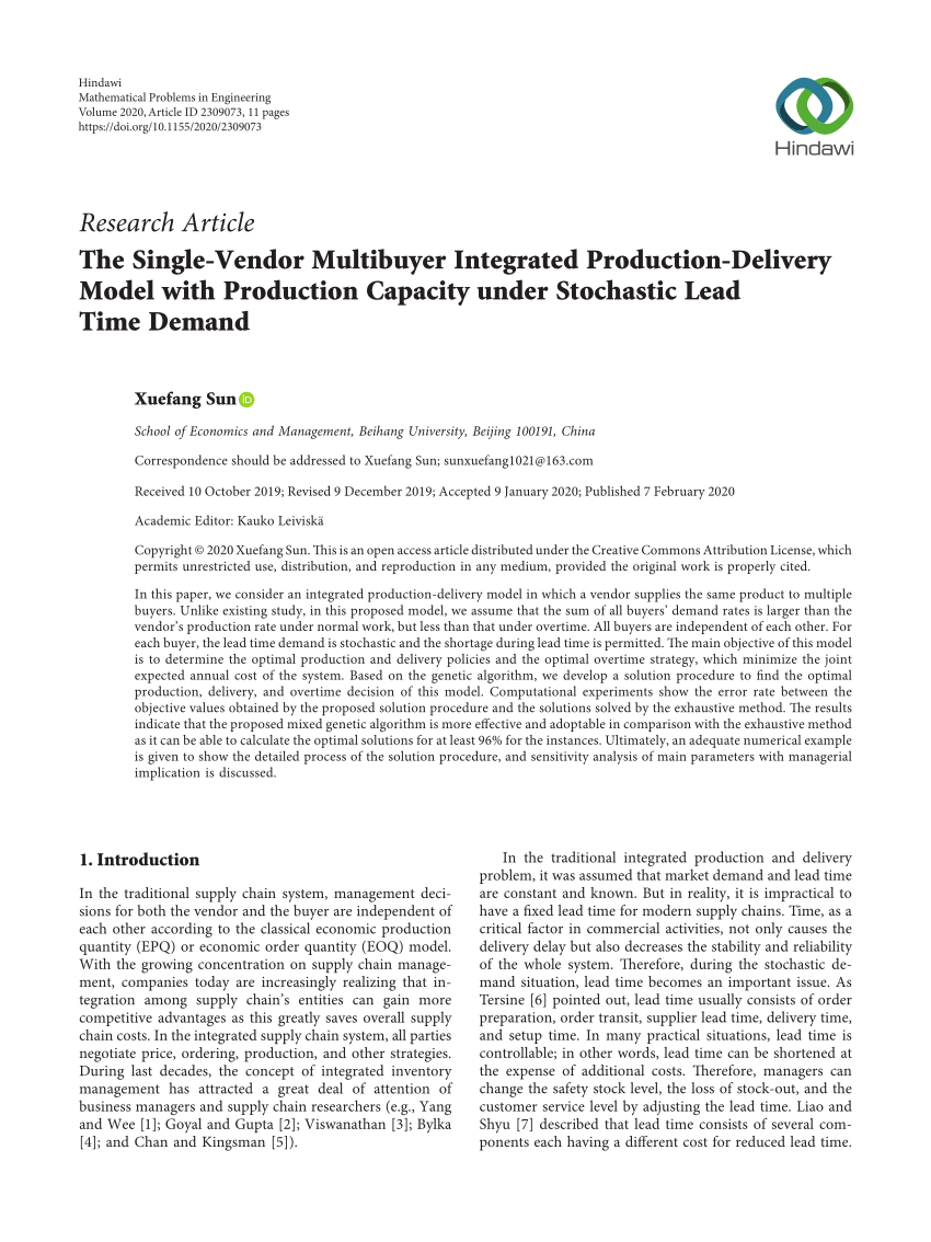Pdf The Single Vendor Multibuyer Integrated Production Delivery Model With Production Capacity Under Stochastic Lead Time Demand