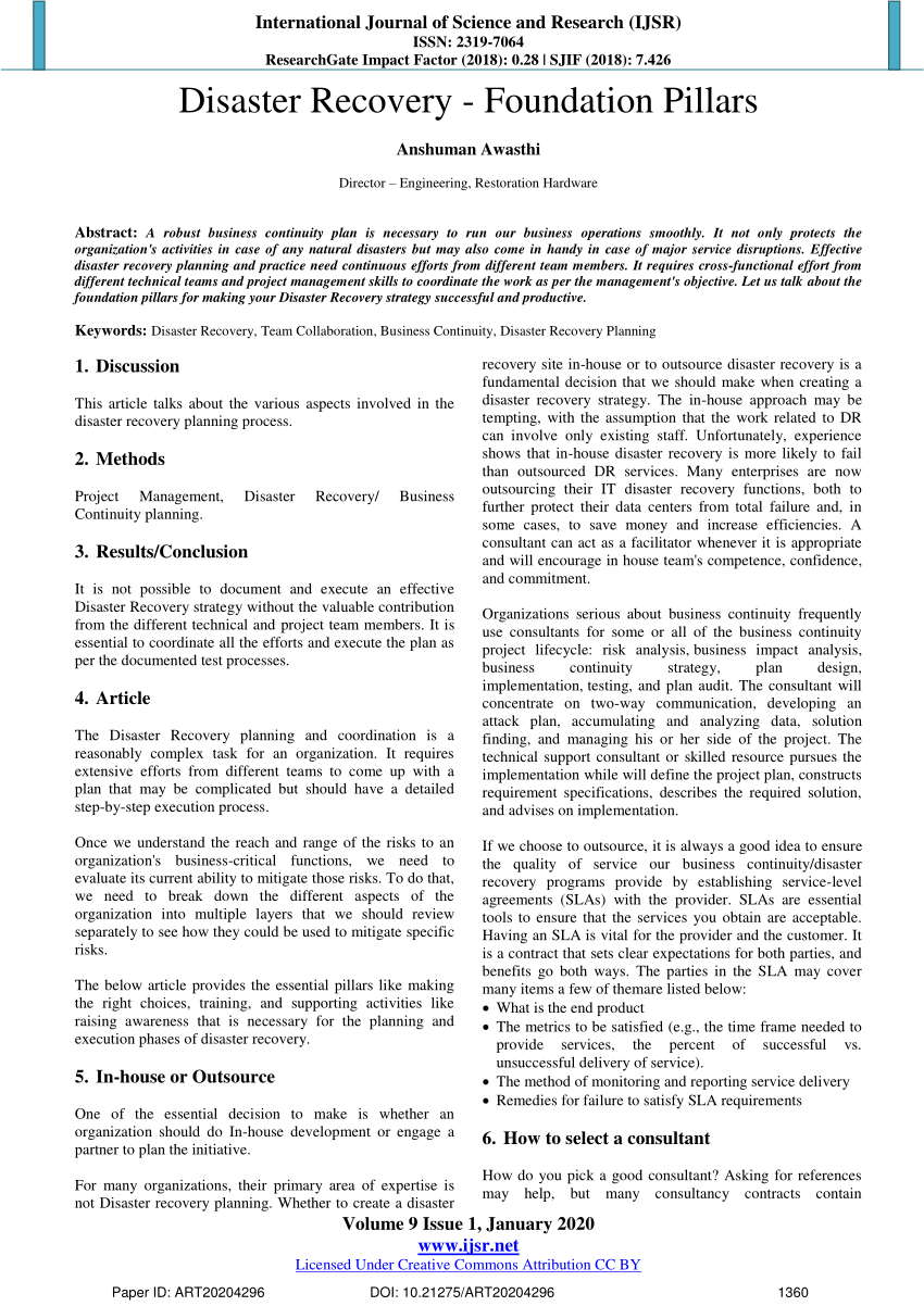 PDF) Disaster Recovery planning- Foundation Pillars