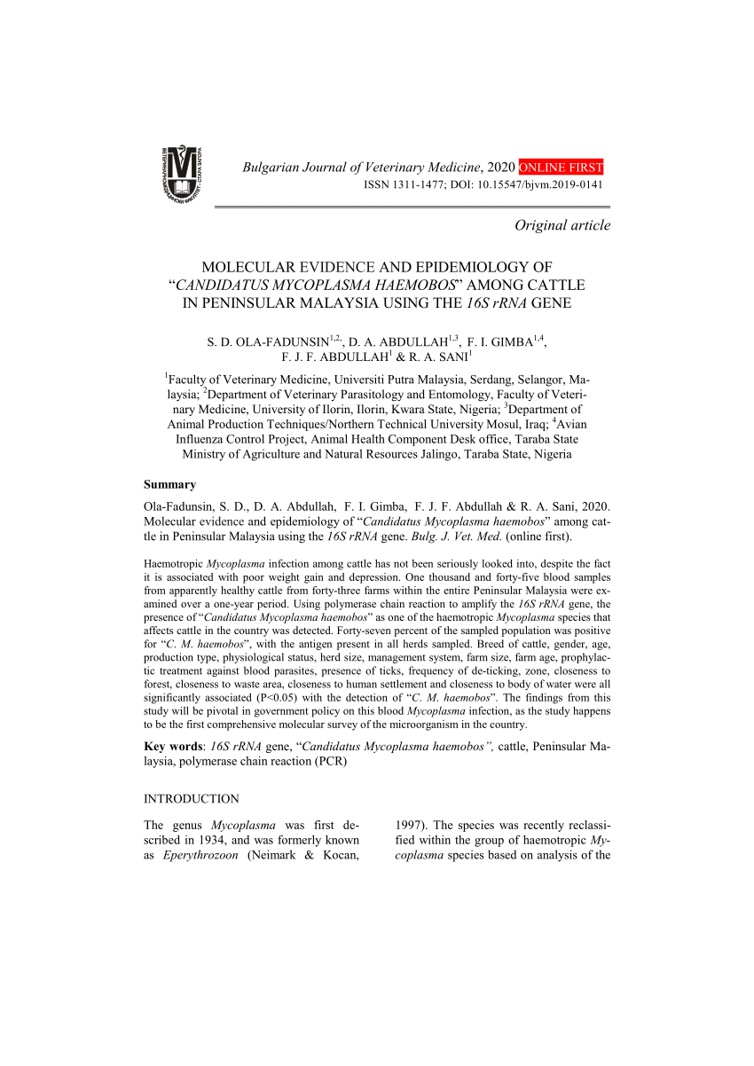 Pdf Molecular Evidence And Epidemiology Of Candidiatus Mycoplasma Heamobos Among Cattle In Peninsular Malaysia Using The 16srrna Gene