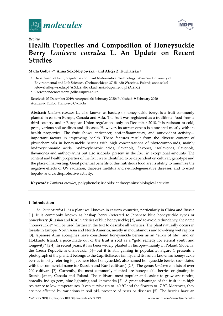 Pdf Health Properties And Composition Of Honeysuckle Berry Lonicera Caerulea L An Update On Recent Studies
