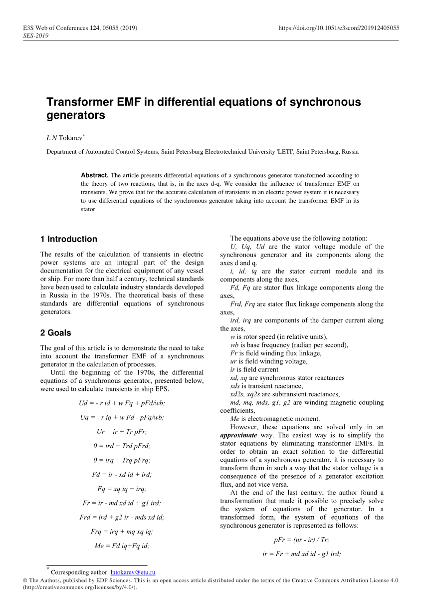 Pdf Transformer Emf In Differential Equations Of Synchronous