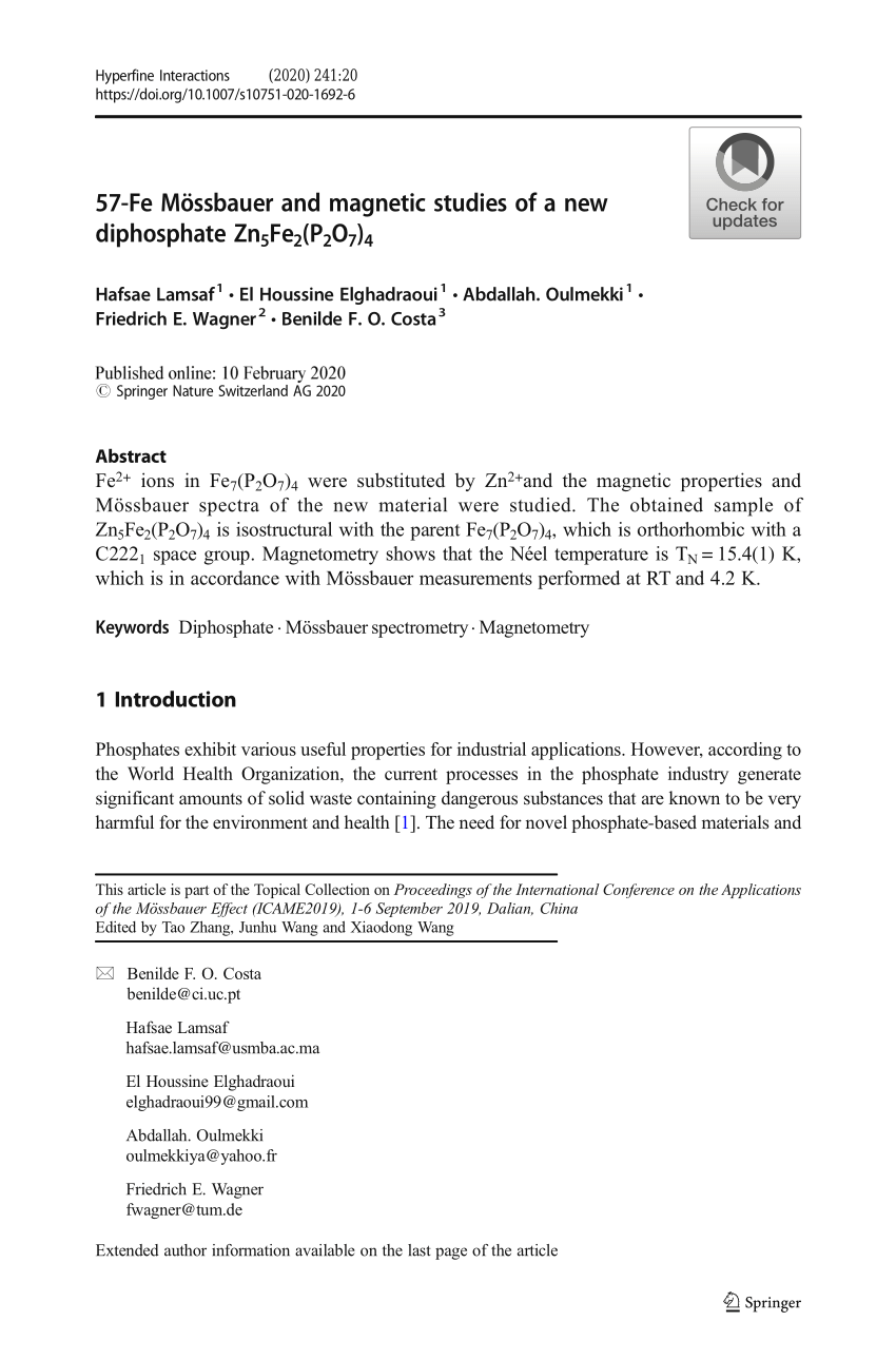 Pdf 57 Fe Mossbauer And Magnetic Studies Of A New Diphosphate Zn5fe2 P2o7 4