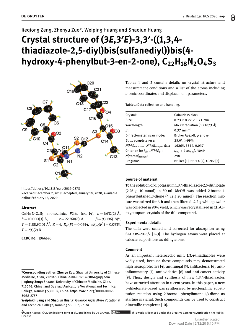 Pdf Crystal Structure Of 3e 3 E 3 3 1 3 4 Thiadiazole 2 5 Diyl Bis Sulfanediyl Bis 4 Hydroxy 4 Phenylbut 3 En 2 One C22h18n2o4s3