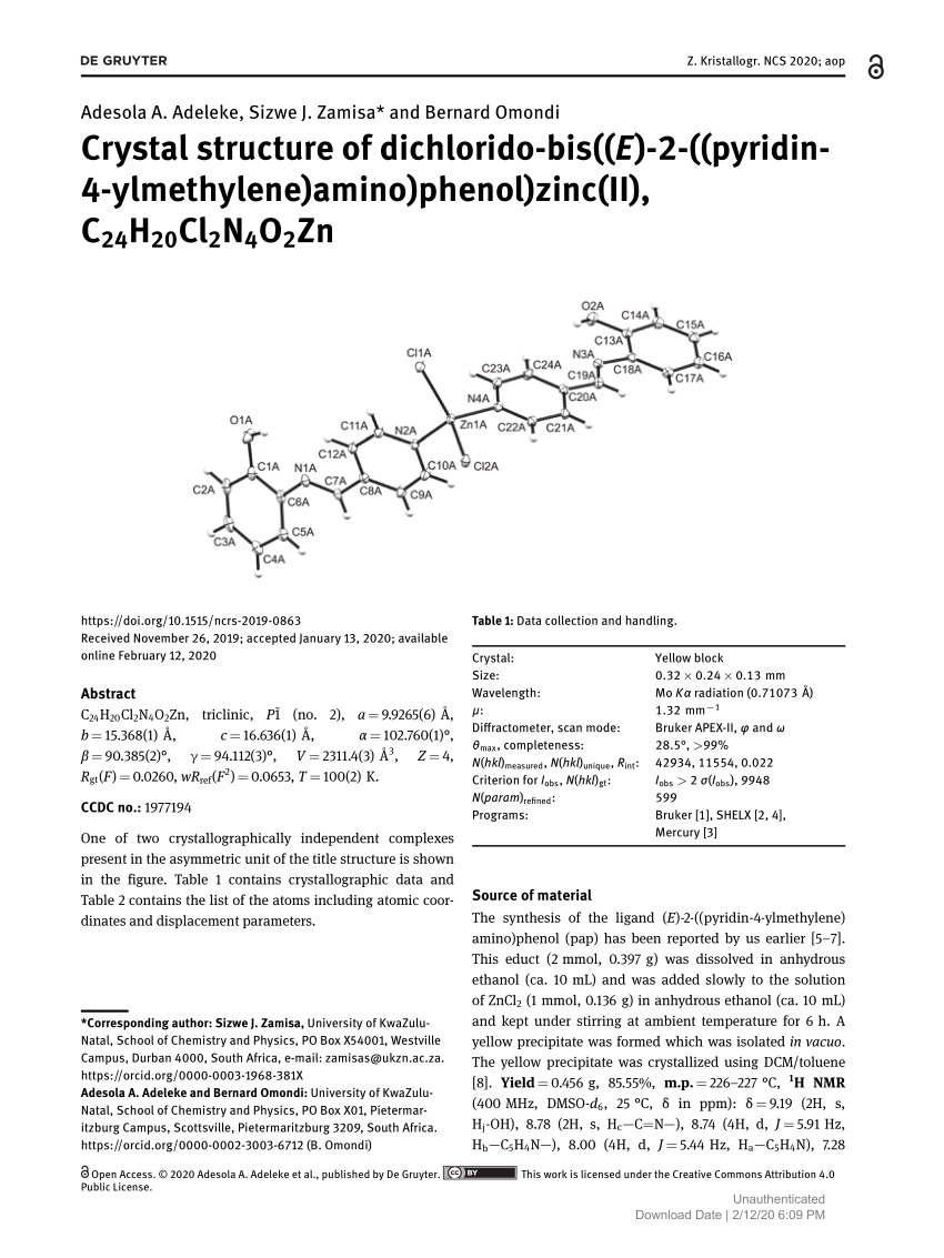 Pdf Crystal Structure Of Dichlorido Bis E 2 Pyridin 4 Ylmethylene Amino Phenol Zinc Ii C24hcl2n4o2zn
