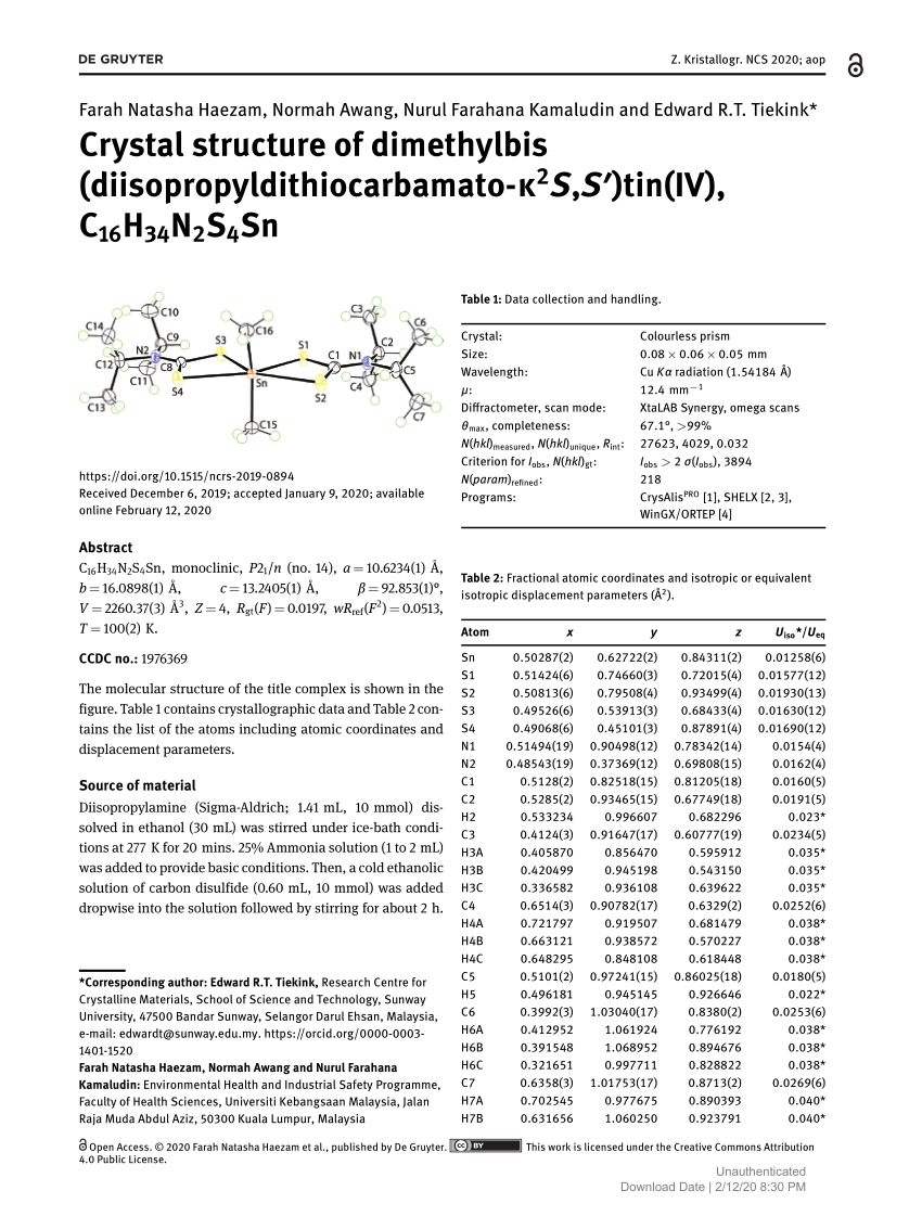 Pdf Crystal Structure Of Dimethylbis Diisopropyldithiocarbamato K2s S Tin Iv C16h34n2s4sn