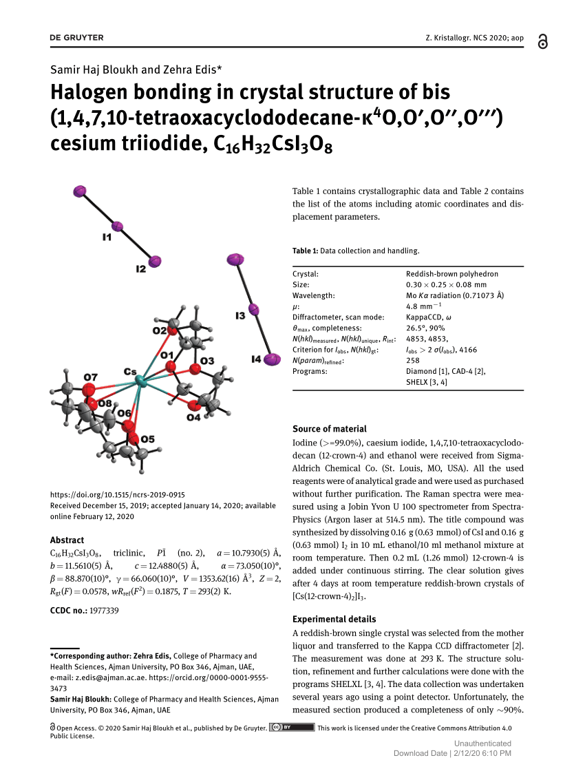 Pdf Halogen Bonding In Crystal Structure Of Bis 1 4 7 10 Tetraoxacyclododecane K4o O O O Cesium Triiodide C16h32csi3o8