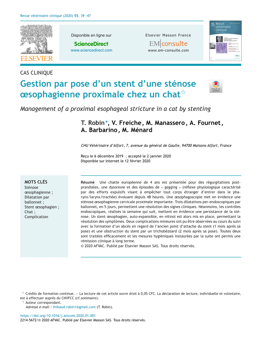 Pdf Gestion Par Pose D Un Stent D Une Stenose œsophagienne Proximale Chez Un Chat