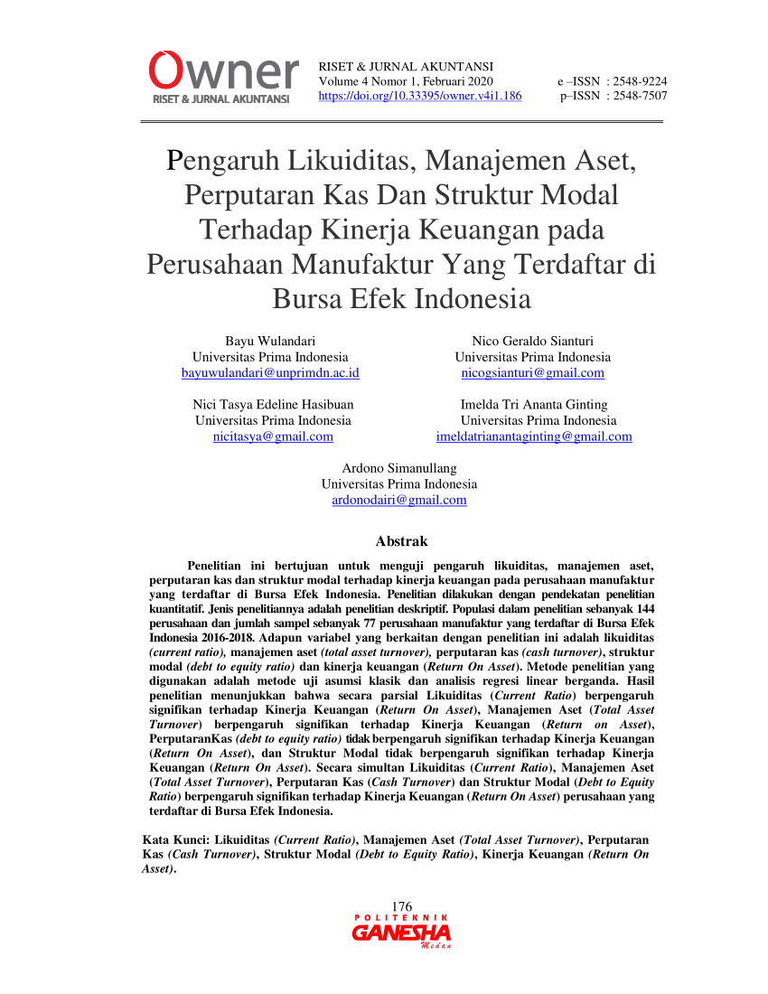 Pdf Pengaruh Likuiditas Manajemen Aset Perputaran Kas Dan Struktur 3251