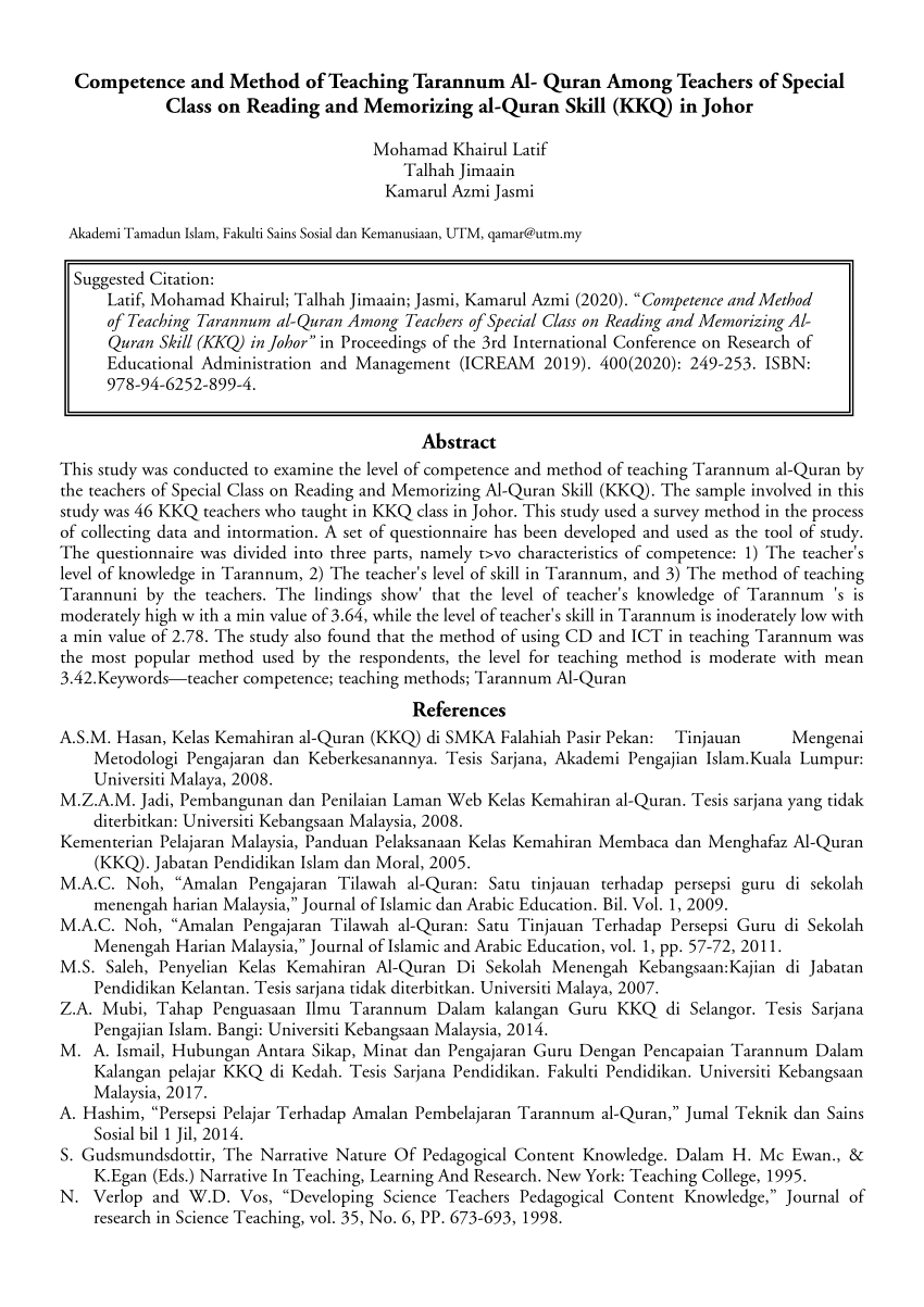 Pdf Competence And Method Of Teaching Tarannum Al Quran Among Teachers Of Special Class On Reading And Memorizing Al Quran Skill Kkq In Johor