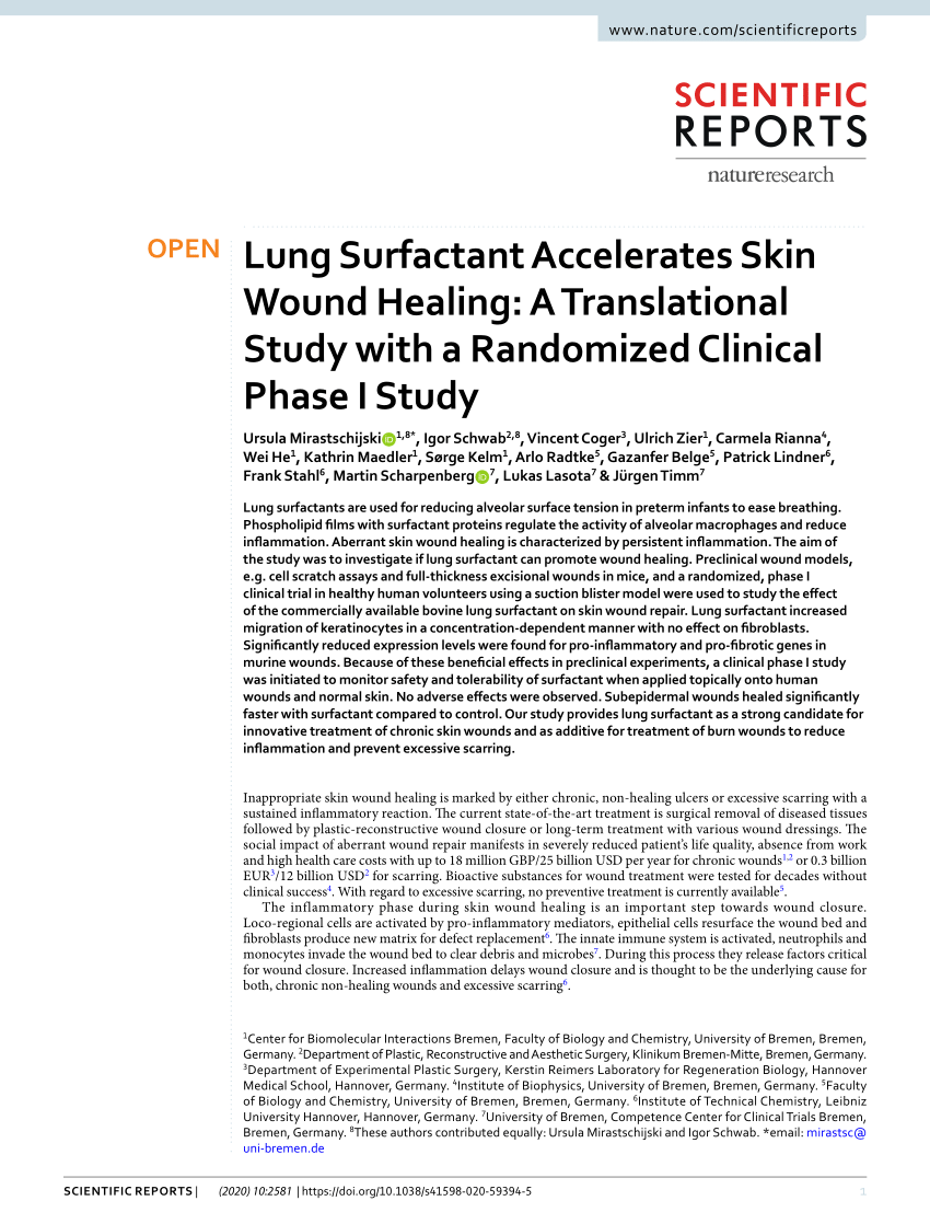 Pdf Lung Surfactant Accelerates Skin Wound Healing A Translational Study With A Randomized Clinical Phase I Study