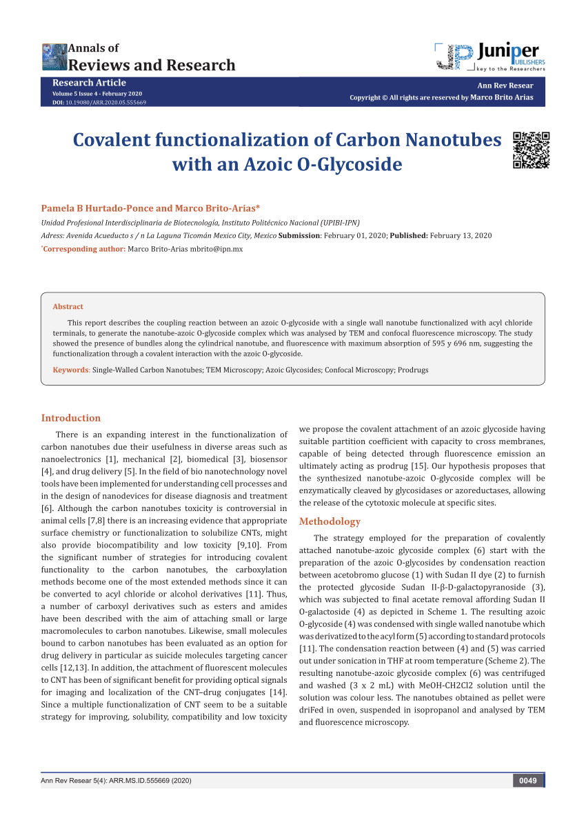 Pdf Covalent Functionalization Of Carbon Nanotubes With An Azoic O Glycoside