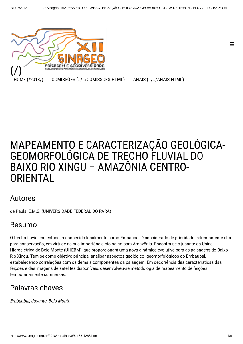 Pdf Mapeamento E CaracterizaÇÃo GeolÓgica GeomorfolÓgica De Trecho Fluvial Do Baixo Rio Xingu