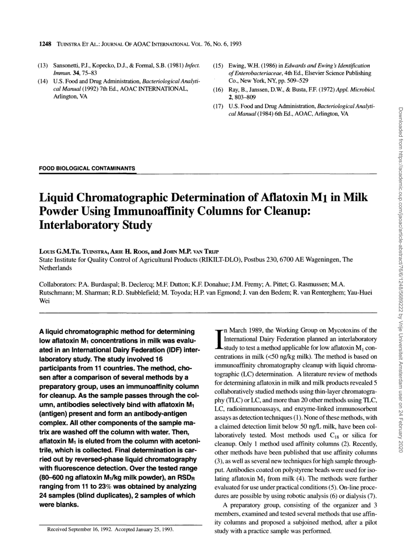 Pdf Liquid Chromatographic Determination Of Aflatoxin M1 In Milk Powder Using Immunoaffinity Columns For Cleanup Interlaboratory Study