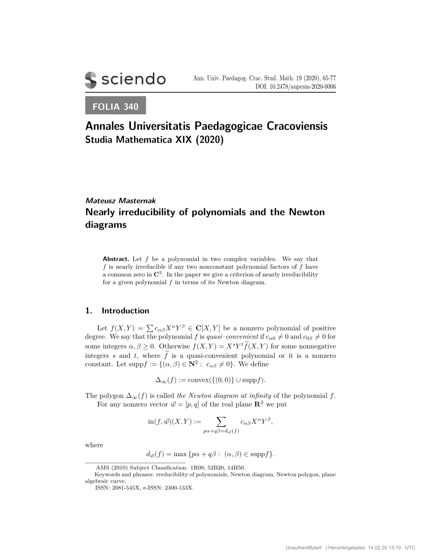 Pdf Nearly Irreducibility Of Polynomials And The Newton Diagrams