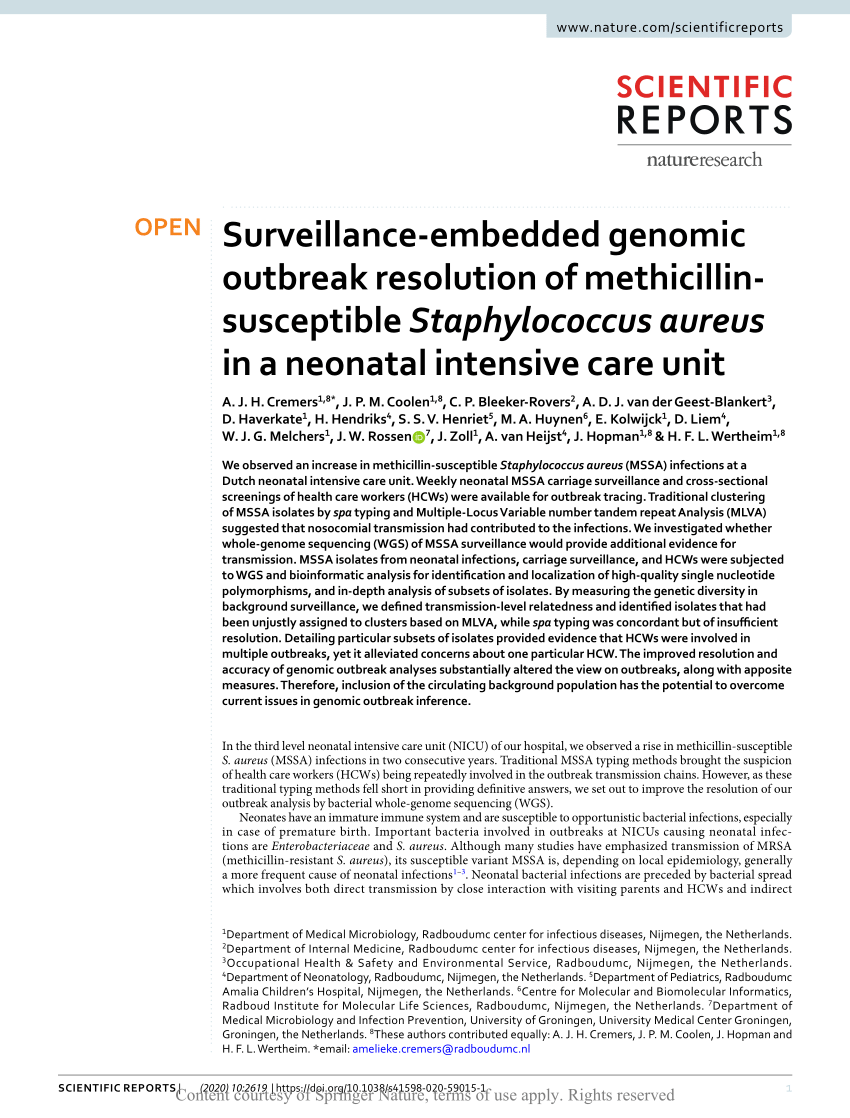 Pdf Surveillance Embedded Genomic Outbreak Resolution Of Methicillin Susceptible Staphylococcus Aureus In A Neonatal Intensive Care Unit