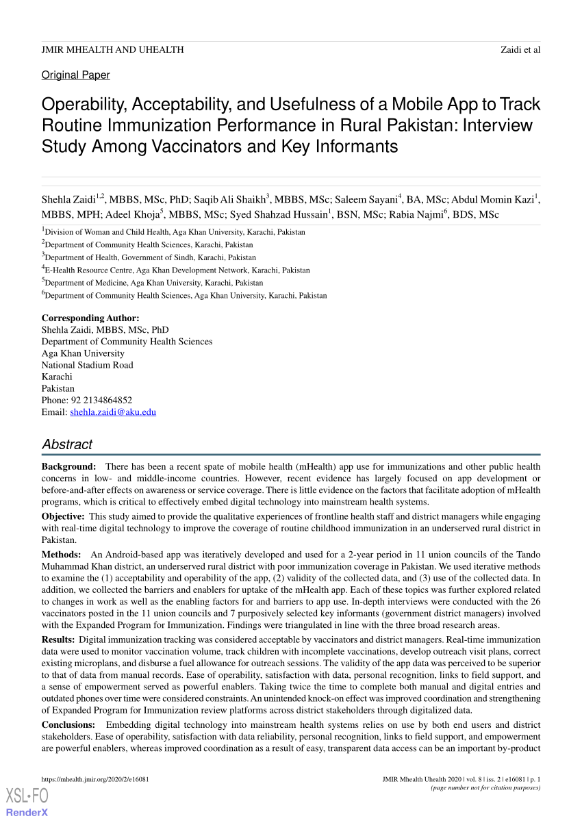 Pdf Operability Acceptability And Usefulness Of A Mobile App To Track Routine Immunization Performance In Rural Pakistan Interview Study Among Vaccinators And Key Informants