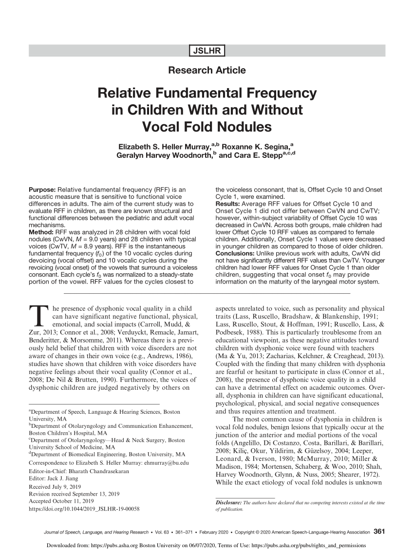 Pdf Relative Fundamental Frequency In Children With And Without Vocal Fold Nodules