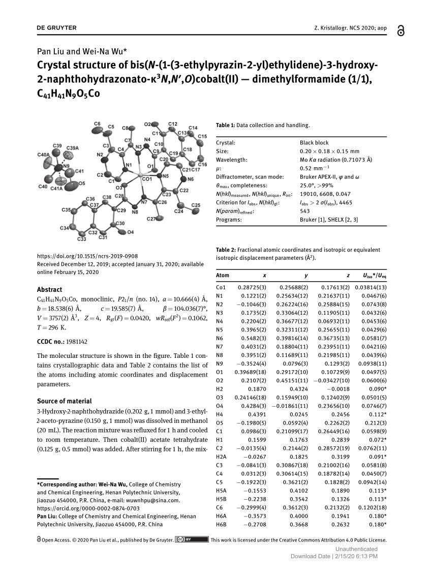 Pdf Crystal Structure Of Bis N 1 3 Ethylpyrazin 2 Yl Ethylidene 3 Hydroxy 2 Naphthohydrazonato K3n N O Cobalt Ii Dimethylformamide 1 1 C41h41n9o5co