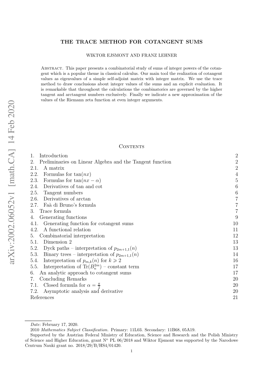 Pdf The Trace Method For Cotangent Sums