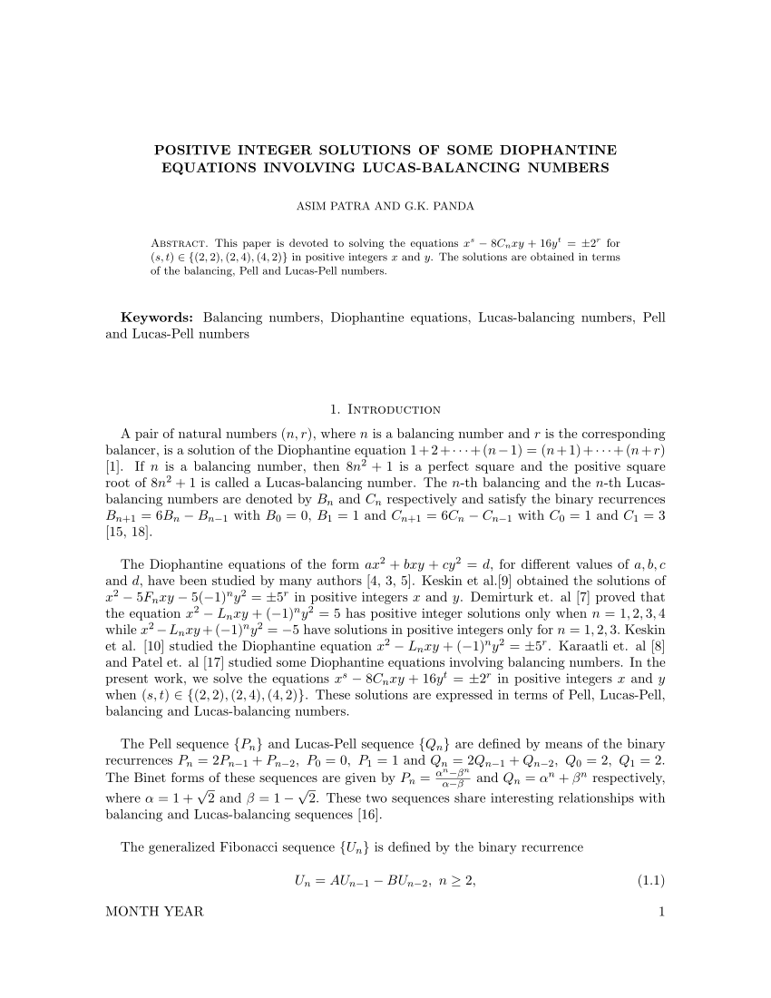 Pdf Positive Integer Solutions Of Some Diophantine Equations Involving Lucas Balancing Numbers