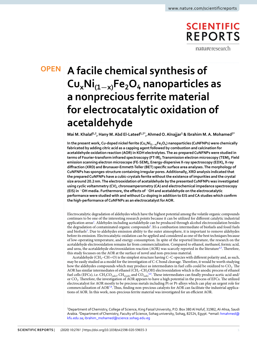 Pdf A Facile Chemical Synthesis Of Cuxni 1 X Fe2o4 Nanoparticles As A Nonprecious Ferrite Material For Electrocatalytic Oxidation Of Acetaldehyde