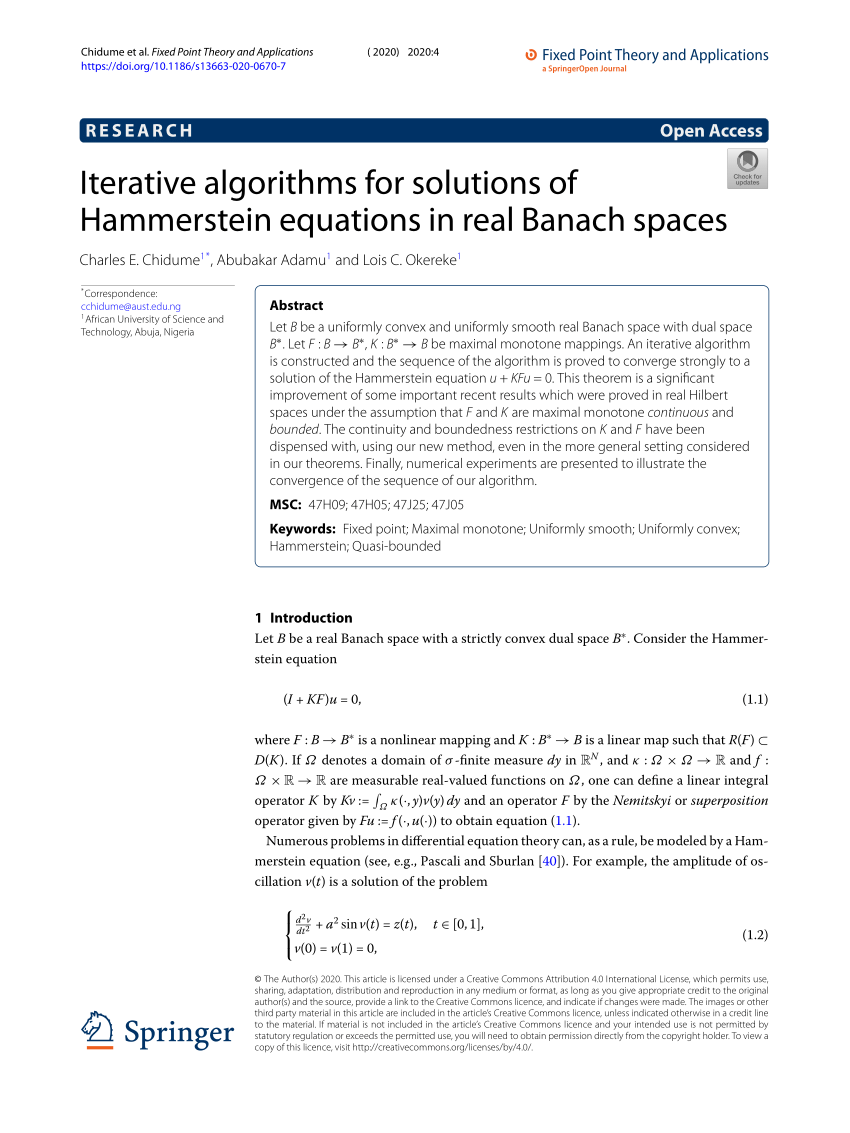 Pdf Iterative Algorithms For Solutions Of Hammerstein Equations In Real Banach Spaces