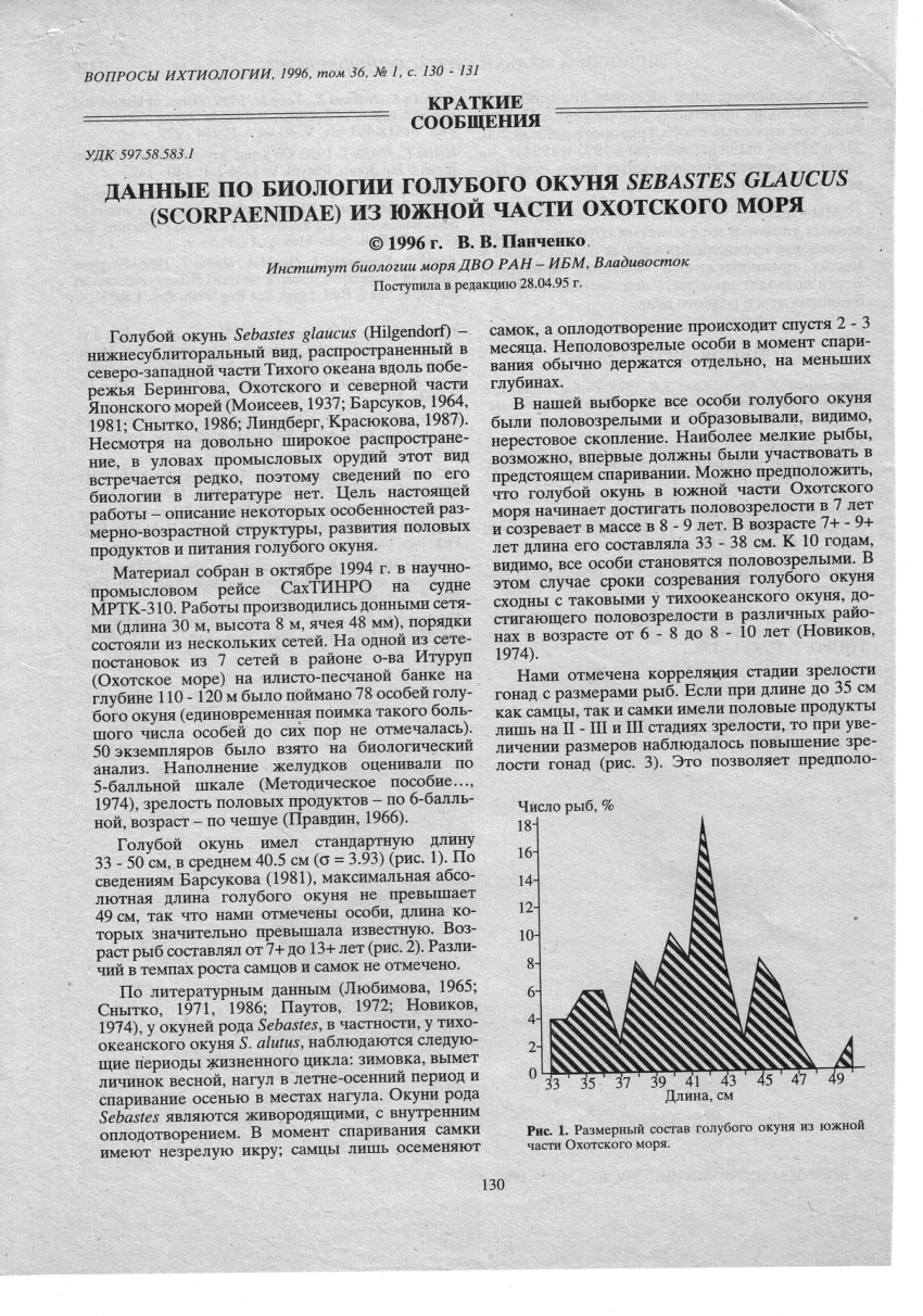 PDF) Данные по биологии голубого окуня Sebastes glaucus (SCORPAENIDAE) из  южной части Охотского моря