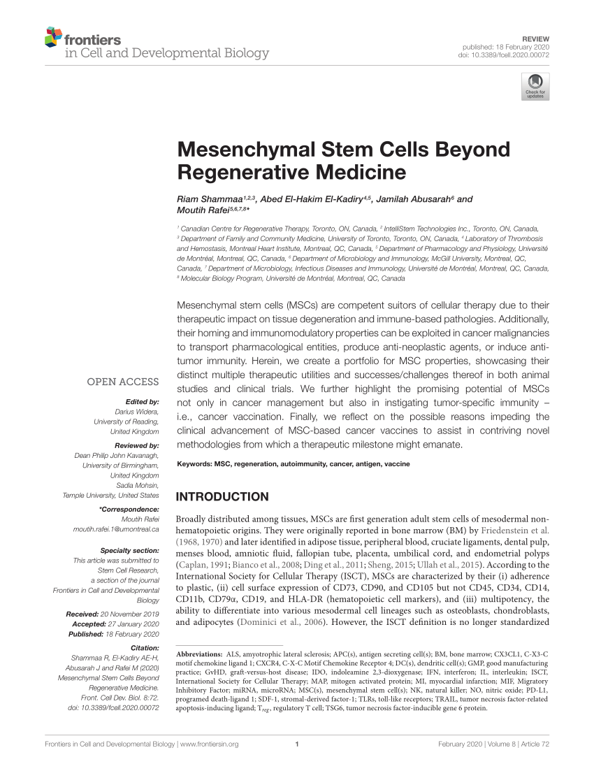 Pdf Mesenchymal Stem Cells Beyond Regenerative Medicine