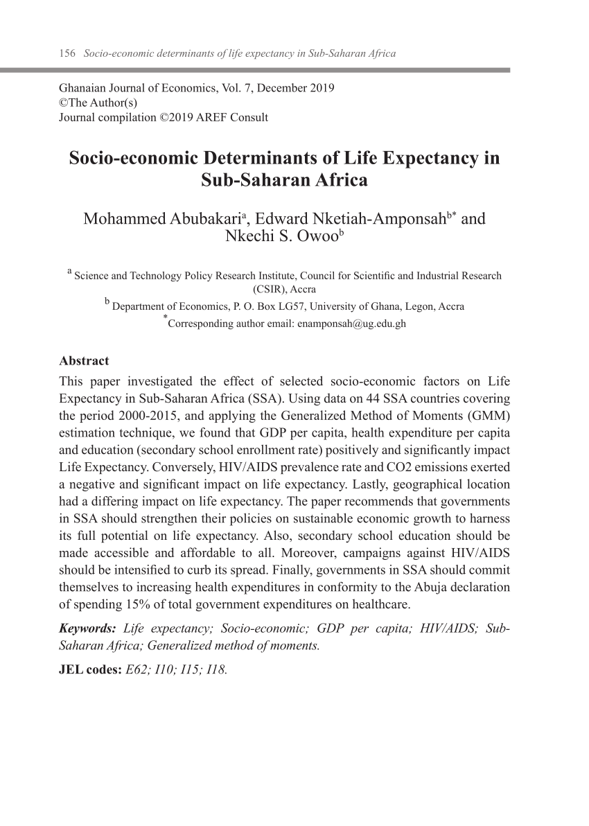 Pdf Socio Economic Determinants Of Life Expectancy In Sub Saharan