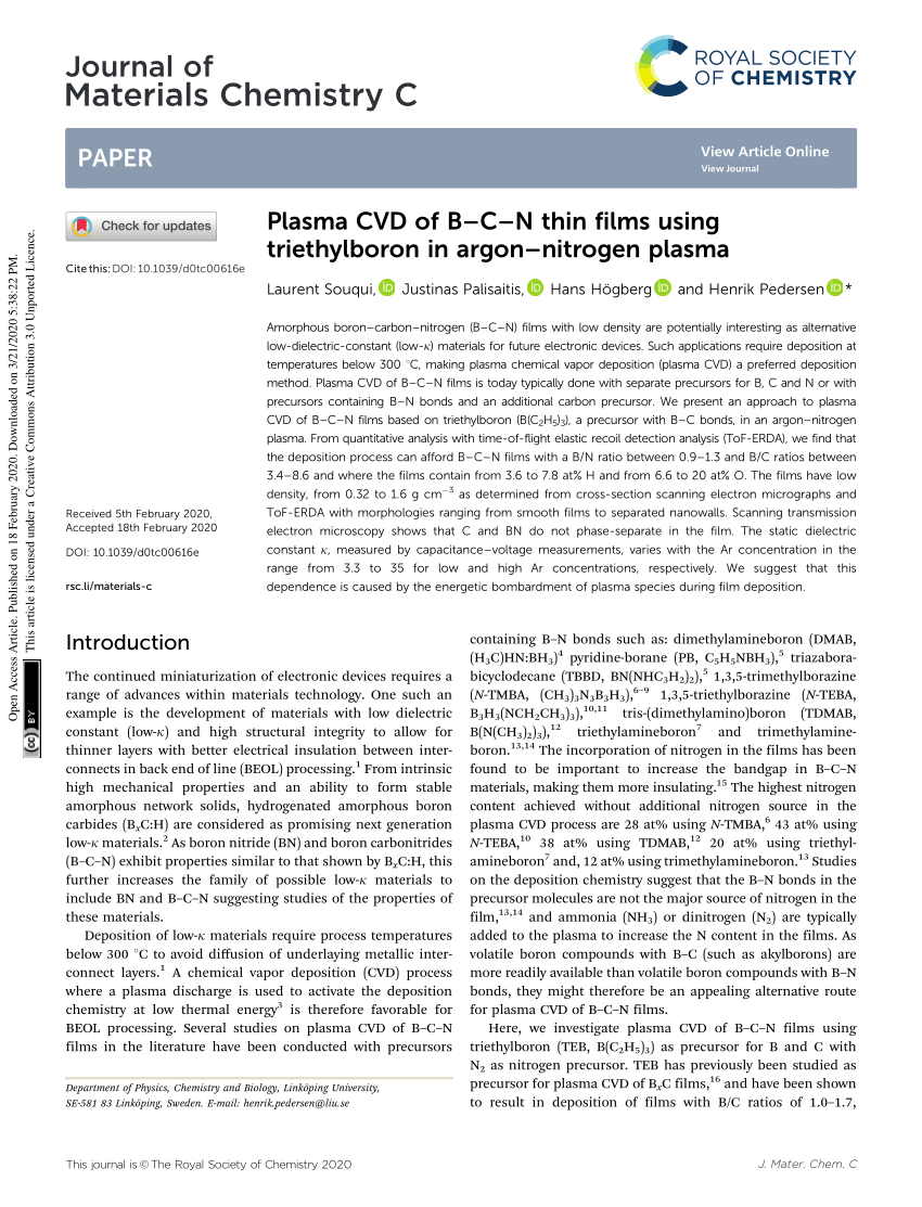 Pdf Plasma Cvd Of B C N Thin Films Using Triethylboron In Argon Nitrogen Plasma