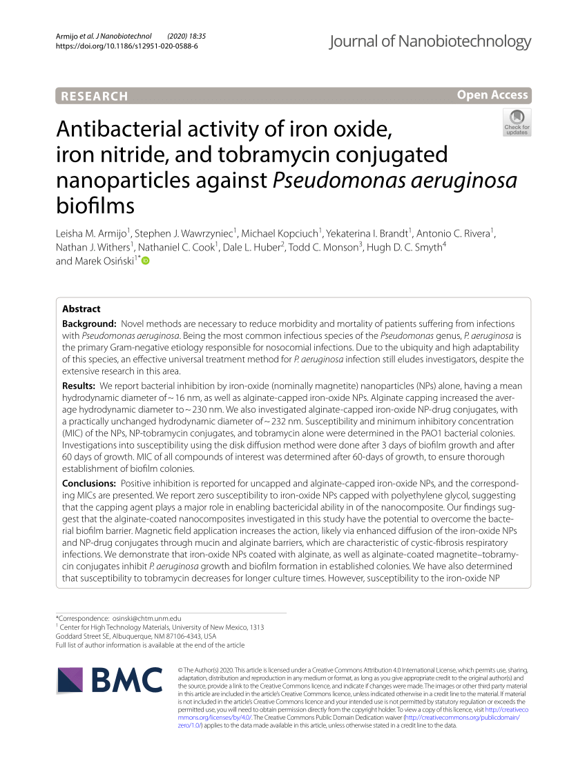 Pdf Antibacterial Activity Of Iron Oxide Iron Nitride And Tobramycin Conjugated Nanoparticles Against Pseudomonas Aeruginosa Biofilms