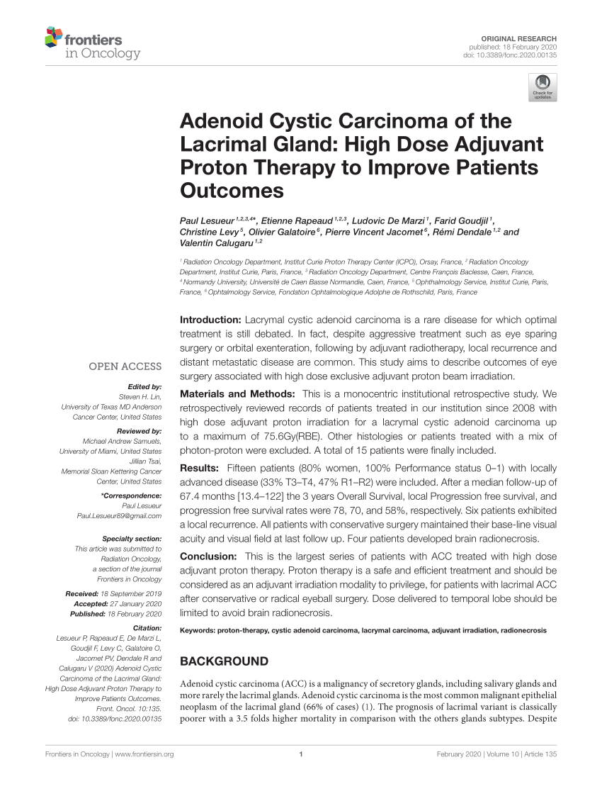 Pdf Adenoid Cystic Carcinoma Of The Lacrimal Gland High Dose Adjuvant Proton Therapy To 