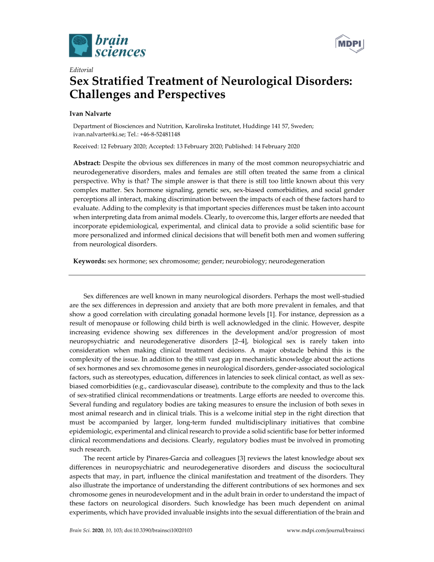 Pdf Sex Stratified Treatment Of Neurological Disorders Challenges