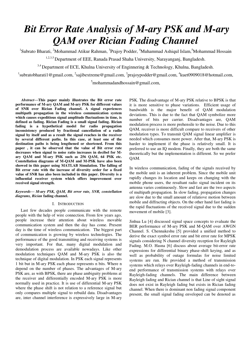 (PDF) Bit Error Rate Analysis of M-ARY PSK and M-ARY QAM Over Rician Sns-Brigh10