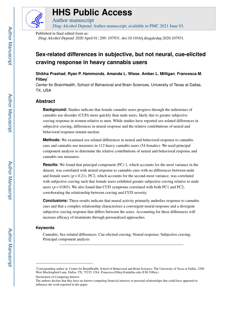 PDF) Sex-related differences in subjective, but not neural, cue-elicited  craving response in heavy cannabis users