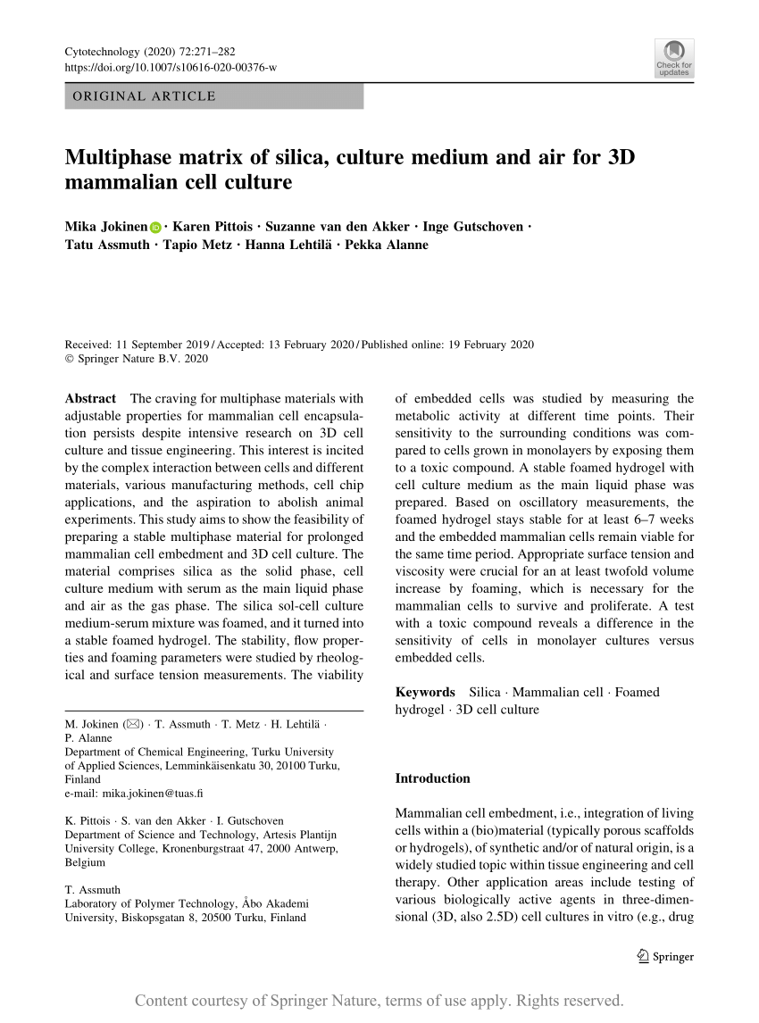 Multiphase matrix of silica, culture medium and air for 3D mammalian cell  culture | Request PDF
