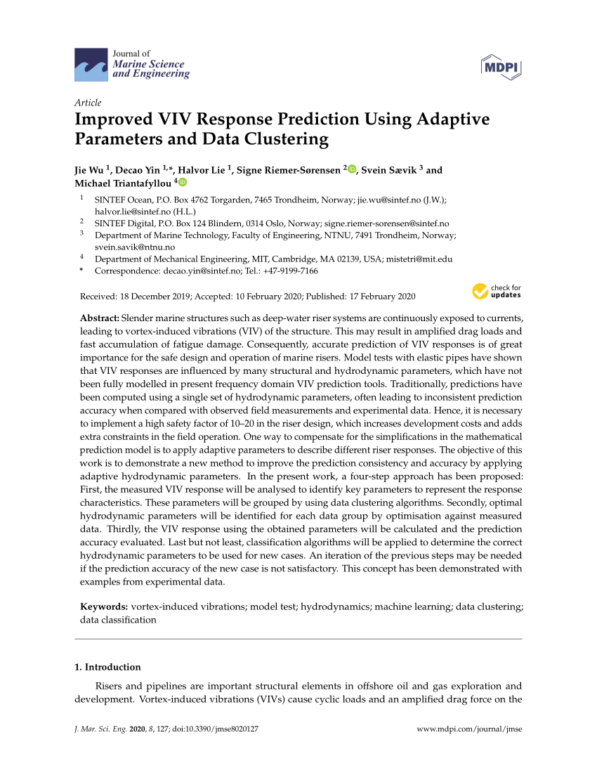 Pdf Improved Viv Response Prediction Using Adaptive Parameters And Data Clustering