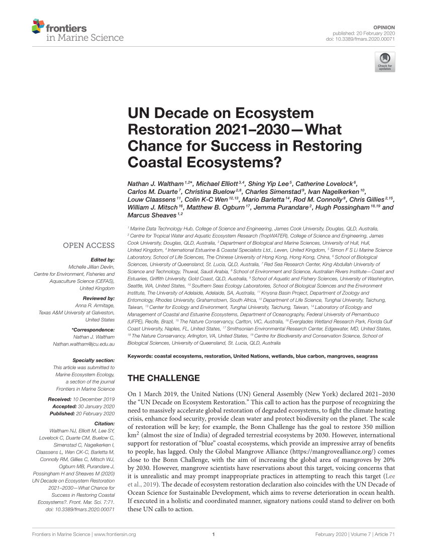 Pdf Un Decade On Ecosystem Restoration 21 30 What Chance For Success In Restoring Coastal Ecosystems