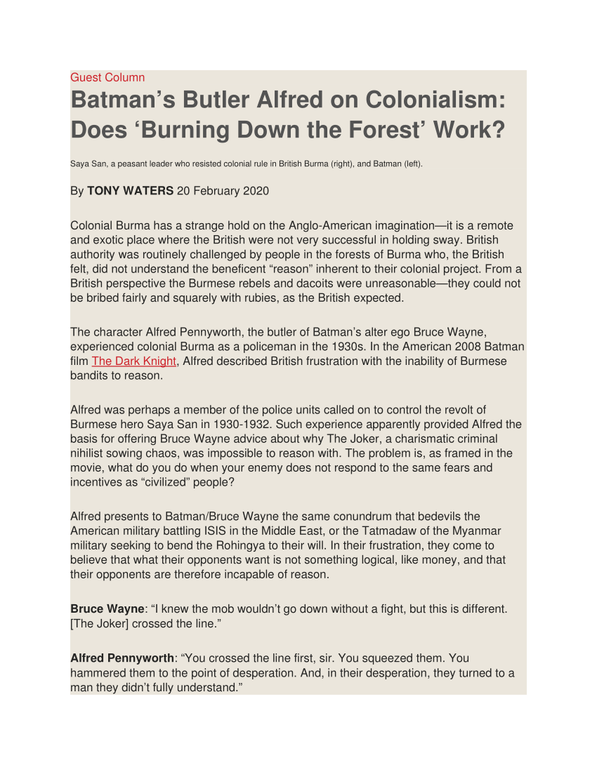 Pdf Batman S Butler Alfred On Colonialism Does Burning Down The Forest Work