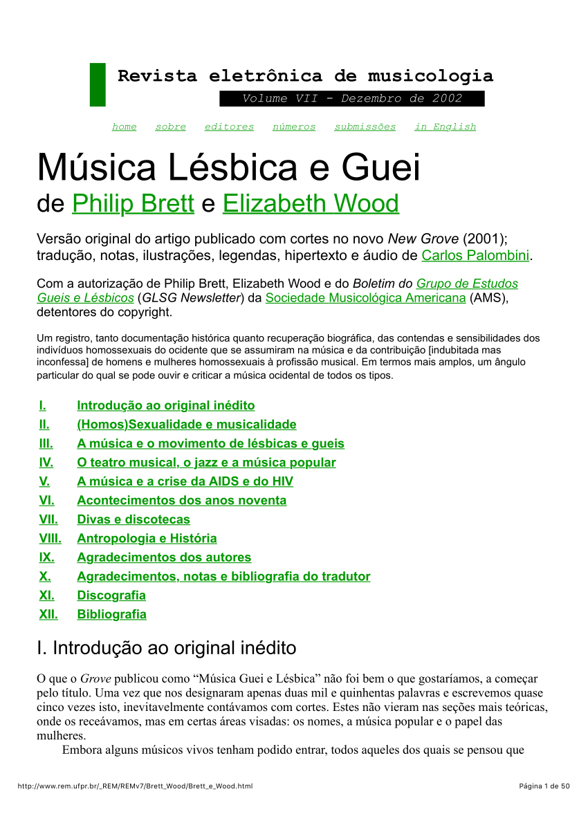 PDF) 'Música Lésbica e Guei', de Philip Brett e Elizabeth Wood, ed. e trad.  Carlos Palombini